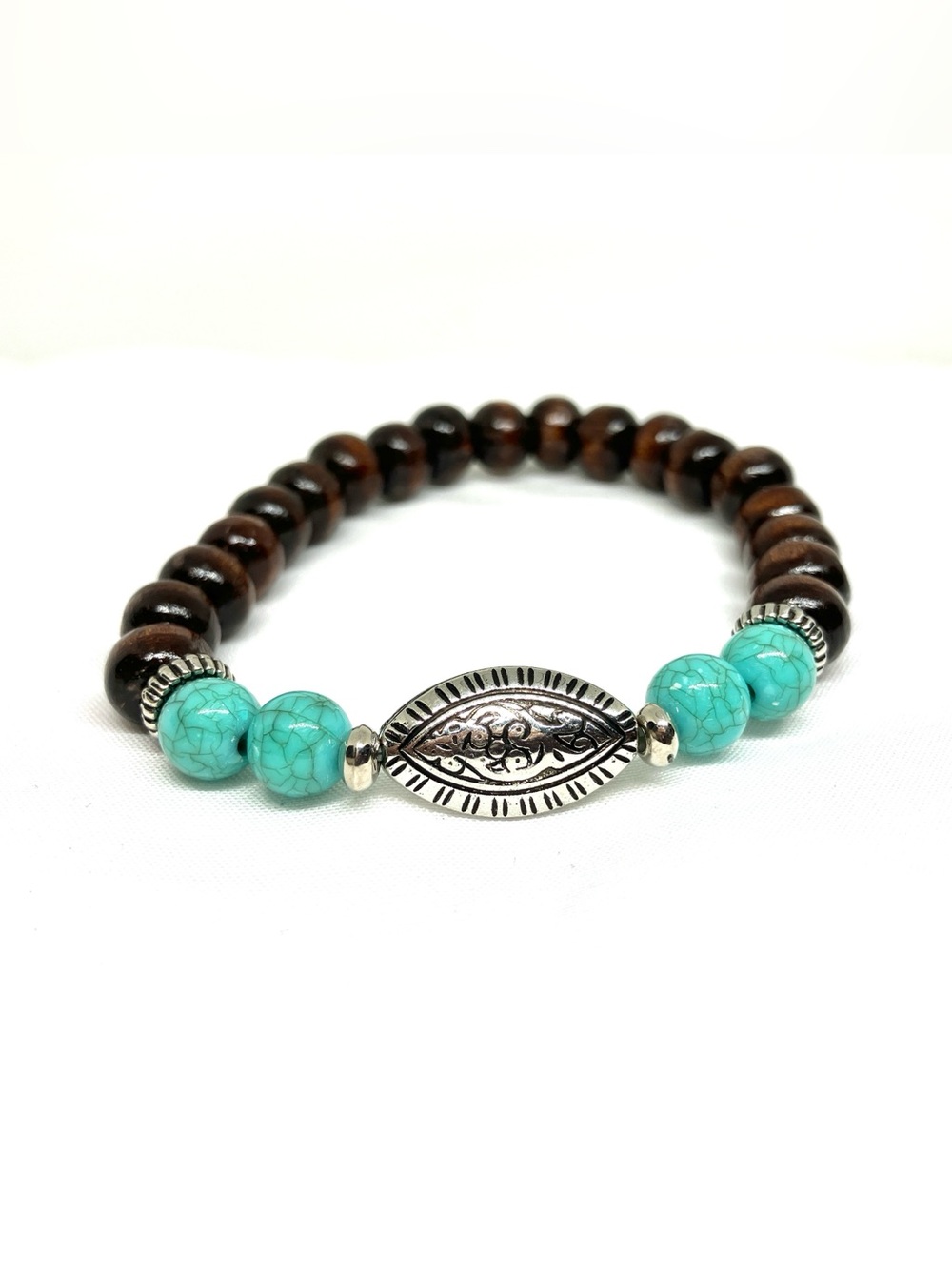 Wooden Beaded Stretch Bracelet - Dark Brown & turquoise with silver accents